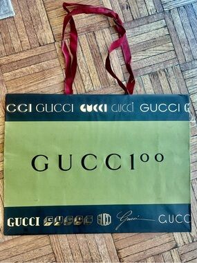 Gucci Green Logo Paper Shopping Bag with Red Ribbon Handles